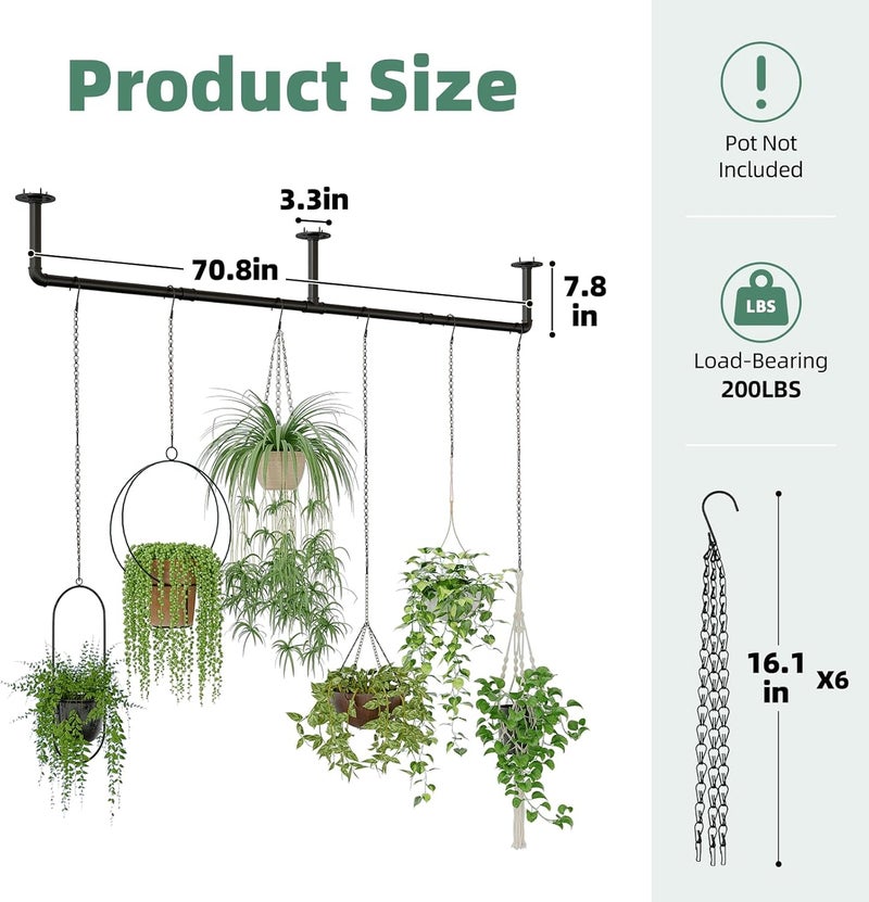 Galood Plant Hanger Indoor with 6 Hanging Chains Hanging Planters for Indoor Plants Hanging Plant Holder Window Plants Rod Black Metal Shelves(70.8 Inch Pot not Included - Image 5